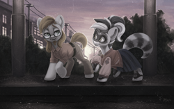Size: 3438x2160 | Tagged: safe, alternate version, artist:amishy, oc, oc:bandy cyoot, oc:jerry alton, species:earth pony, species:pony, admiration, admiring, asphalt, belt, big ears, black stripe, blue, building, bush, canines, chimney, clothing, date, ears, ears up, electric pole, eye, eyebrows, eyelashes, eyes, facial hair, female, glasses, goatee, grass, gray coat, green eyes, hair, happy, hedge, hooves, hybrid, jacket, lamppost, letterman jacket, light, lighting, lines, long hair male, loose hair, love, male, mare, mask, multicolored hair, muzzle, nose, nostrils, open smile, orange, pants, patch, plaid shirt, pocket, purple sky, raccoon, raccoon pony, rain, raised eyebrows, reflection, retro, saddle oxfords, shading, shine, shipping, shirt, shoelace, shoes, short tail, sidewalk, skirt, smiling, snout, soft, stallion, stars, steeple, striped tail, stripes, sun, sunset, tanned, telephone pole, together, treble clef, two toned mane, water, white pony, white stripes, window, yellow, yellow eyes, yellow shirt, zipper