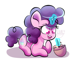 Size: 2827x2268 | Tagged: safe, artist:bubbly-storm, character:sugar belle, species:pony, species:unicorn, bowl, cute, female, high res, magic, mare, mixing bowl, open mouth, prone, redraw, simple background, solo, sugarbetes, telekinesis, white background