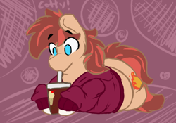 Size: 896x626 | Tagged: safe, artist:somefrigginnerd, oc, oc only, oc:cottonwood kindle, species:earth pony, species:pony, abstract background, chubby, clothing, cup, drink, drinking, eye clipping through hair, hoodie, lying down, male, milkshake, solo, stallion