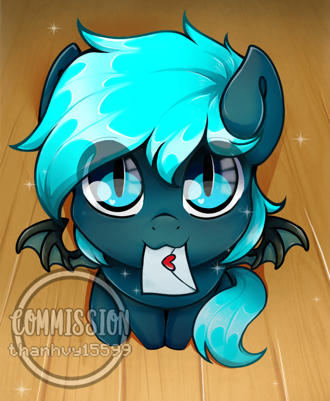 Size: 650x790 | Tagged: safe, artist:thanhvy15599, oc, oc only, oc:guttatus, species:bat pony, species:pony, :3, animated, bat eyes, bat pony oc, bat wings, blinking, blue eyes, commission, cute, gif, letter, looking at you, looking up, male, simple background, sitting, solo, spread wings, stallion, wings, ych animation, ych result