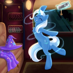 Size: 4096x4096 | Tagged: safe, artist:evlass, character:trixie, species:pony, species:unicorn, cape, clothing, couch, fanfic art, female, hat, levitation, magic, solo, telekinesis, ticket, train, trixie's cape, trixie's hat