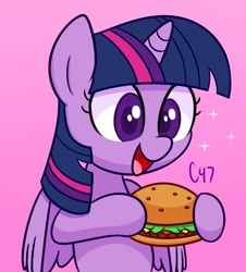 Size: 543x600 | Tagged: safe, artist:handgunboi, character:twilight sparkle, character:twilight sparkle (alicorn), species:alicorn, species:pony, burger, cute, female, food, happy, mare, meat, simple background, solo, that pony sure does love burgers, twiabetes, twilight burgkle