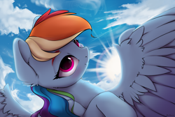Size: 3701x2483 | Tagged: safe, alternate version, artist:hitbass, character:rainbow dash, species:pegasus, species:pony, backlighting, cheek fluff, chest fluff, cloud, crepuscular rays, cute, dashabetes, ear fluff, female, high res, leg fluff, looking at you, mare, smiling, solo, spread wings, sun, wing fluff, wings