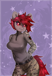 Size: 1394x2000 | Tagged: safe, alternate version, artist:sugarstar, rcf community, oc, oc only, species:anthro, species:earth pony, species:pony, anthro oc, blushing, clothing, commission, female, looking away, mare, military uniform, simple background, smiling, solo