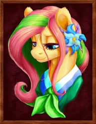 Size: 1384x1790 | Tagged: safe, artist:thatonegib, part of a set, character:fluttershy, species:pony, alternate design, bust, clothing, female, flower, lidded eyes, looking down, mare, portrait, shirt, smiling, solo, stray strand, three quarter view