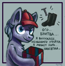 Size: 2154x2160 | Tagged: safe, artist:amy-gamy, species:earth pony, species:pony, 23 february, black socks, blue eyes, box, cap, chest fluff, clothing, creepy, creepy smile, cyrillic, defender of the fatherland day, ear fluff, gift box, hat, humor, implied self-harm, looking at you, piercing, russian, shaver, smiling, socks, socks and shaving foam day, translated in the description