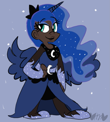 Size: 727x800 | Tagged: safe, artist:mirabuncupcakes15, character:princess luna, species:human, alicorn humanization, bedroom eyes, belt, blue background, clothing, crown, dark skin, dress, evening gloves, eyeshadow, female, fingerless elbow gloves, fingerless gloves, flats, gloves, horned humanization, humanized, jewelry, long gloves, makeup, regalia, shoes, simple background, skirt, socks, solo, stockings, thigh highs, winged humanization