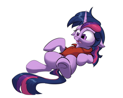 Size: 2000x1600 | Tagged: safe, artist:rocket-lawnchair, character:twilight sparkle, character:twilight sparkle (unicorn), oc, oc:acesential, species:pony, species:unicorn, behaving like a cat, female, floppy ears, implied transformation, implied transgender transformation, mare, meme, on back, polo shirt, simple background, solo, upset, white background