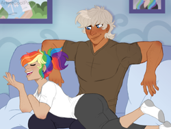 Size: 1600x1200 | Tagged: safe, artist:artistcoolpony, character:dumbbell, character:rainbow dash, species:human, ship:dumbdash, clothing, female, humanized, male, pants, shipping, shirt, socks, straight