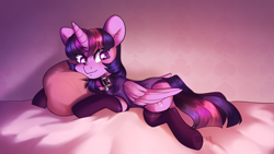 Size: 2846x1606 | Tagged: safe, artist:sugarstar, rcf community, character:twilight sparkle, character:twilight sparkle (alicorn), species:alicorn, species:pony, adorasexy, bed, blushing, cheek fluff, chest fluff, clothing, collar, cute, descended twilight, female, folded wings, horn, hug, looking at you, lying down, mare, panties, pillow, pillow hug, sexy, shirt, smiling, socks, solo, twiabetes, underwear, wings