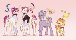 Size: 3713x1963 | Tagged: safe, artist:bunnari, oc, oc:lemonade stand, oc:rhyme, oc:ribbon bow, oc:riddle, parent:cheerilee, parent:flam, parent:flim, parent:suri polomare, species:earth pony, species:pony, species:unicorn, bow, colt, female, high res, male, mare, offspring, parents:cheeriflam, parents:suriflim, stallion, tail bow