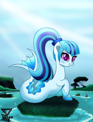Size: 2400x3142 | Tagged: safe, artist:theretroart88, character:sonata dusk, species:siren, colored hooves, cute, female, fins, fish tail, ponytail, raised hoof, solo, sonatabetes