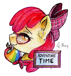 Size: 794x844 | Tagged: safe, artist:lailyren, artist:moonlight-ki, character:apple bloom, species:earth pony, species:pony, apple, apple bloom's bow, bow, female, food, glasses, hair bow, herbivore, magnet, mouth hold, simple background, solo, white background, zap apple
