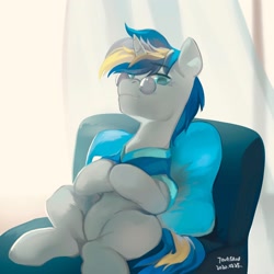 Size: 2048x2048 | Tagged: safe, artist:tingsan, oc, oc only, oc:dopami korpela, species:pony, species:unicorn, backlighting, cape, chair, clothing, couch, curtains, glasses, looking at you, male, older, pillow, shawl, sitting, skunk stripe, solo