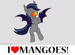 Size: 561x411 | Tagged: safe, artist:stormxf3, edit, oc, oc only, oc:echo, species:bat pony, species:pony, bat pony oc, bipedal, cute, dancing, ear tufts, eyes closed, female, food, gray background, happy, mango, mare, mouth hold, nom, ocbetes, simple background, smiling, solo, spread wings, that batpony sure does love mangoes, wings