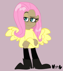 Size: 717x800 | Tagged: safe, artist:mirabuncupcakes15, character:fluttershy, species:human, boots, clothing, crossed arms, dark skin, female, humanized, pants, purple background, raised eyebrow, shoes, simple background, smiling, smirk, smug, solo, winged humanization, wings
