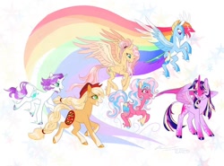 Size: 1024x757 | Tagged: safe, artist:creeate97, character:applejack, character:fluttershy, character:pinkie pie, character:rainbow dash, character:rarity, character:twilight sparkle, character:twilight sparkle (alicorn), species:alicorn, species:classical unicorn, species:earth pony, species:pegasus, species:pony, species:unicorn, alternate design, blaze (coat marking), clothing, cloven hooves, colored hooves, cowboy hat, flying, hat, leonine tail, mane six, socks (coat marking), unshorn fetlocks