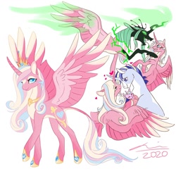 Size: 2000x2000 | Tagged: safe, artist:creeate97, character:princess cadance, character:princess flurry heart, character:queen chrysalis, character:shining armor, species:alicorn, species:changeling, species:pony, species:unicorn, ship:shiningcadance, alternate design, baby, baby pony, changeling queen, disguise, disguised changeling, fake cadance, female, floating heart, heart, leonine tail, male, shipping, simple background, straight, white background