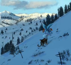 Size: 6000x5496 | Tagged: safe, artist:misstwipietwins, character:gilda, character:rainbow dash, species:griffon, species:pegasus, species:pony, absurd resolution, duo, female, mare, mountain, scenery, snow, spread wings, wings