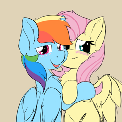 Size: 2125x2125 | Tagged: safe, artist:jubyskylines, character:fluttershy, character:rainbow dash, species:pegasus, species:pony, ship:flutterdash, bedroom eyes, beige background, blushing, cute, female, folded wings, implied flutterdash, implied lesbian, implied shipping, lesbian, looking at you, shipping, shy, shyabetes, simple background, smiling, smiling at you, spread wings, tongue out, wings