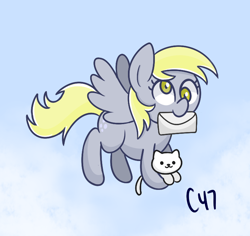 Size: 754x711 | Tagged: safe, artist:handgunboi, character:derpy hooves, species:pegasus, species:pony, g4, carrying, cat, cloud, cute, derpabetes, female, flying, mail, mailpony, mare, mouth hold, simple background, sky, solo, spread wings, wings