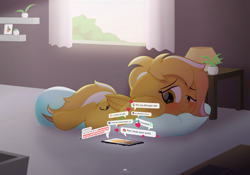 Size: 1280x896 | Tagged: safe, artist:potato22, oc, oc only, oc:mareota, species:pony, curtains, desk, keyboard, moody, morning, morning ponies, notification, phone, plant, shelf, solo, table, window