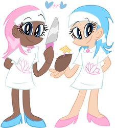 Size: 719x800 | Tagged: safe, artist:mirabuncupcakes15, character:aloe, character:lotus blossom, species:human, clothing, coconut, dark skin, dress, duo, eyeshadow, female, file, food, headband, high heels, humanized, makeup, nail file, shoes, siblings, simple background, sisters, spa twins, twins, umbrella, umbrella drink, white background