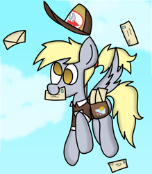 Size: 4152x4729 | Tagged: safe, artist:rainbowbacon, character:derpy hooves, species:pegasus, species:pony, clothing, cloud, cute, derpabetes, female, flying, hat, mail, mailbag, mailmare, mailpony, mouth hold, ponytail, sky, solo, spread wings, wings