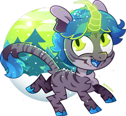 Size: 1135x1042 | Tagged: safe, artist:amberpone, oc, oc only, oc:jake hawkins, species:pony, species:unicorn, art trade, blank flank, blue, cat eyes, chest fluff, digital art, eyebrows, green eyes, horn, looking at you, magic, male, original species, paint tool sai, simple background, slit eyes, snow, solo, stallion, stripes, tiger stripes, transparent background, winter