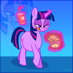 Size: 3000x3000 | Tagged: safe, artist:jay-onjey, artist:metalface069, character:twilight sparkle, character:twilight sparkle (unicorn), species:pony, species:unicorn, bedroom eyes, belly, burger, fat, food, hay burger, levitation, magic, paper bag, soda, telekinesis, tongue out, twilard sparkle, twilight burgkle, ych result, zoom layer