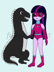 Size: 1280x1707 | Tagged: safe, artist:fude-chan-art, character:twilight sparkle, species:human, my little pony:equestria girls, godzilla, godzilla (series), handshake, kaiju, magic gaia, plasma girl, superhero