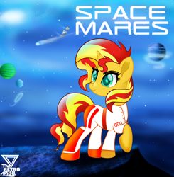 Size: 2500x2551 | Tagged: safe, artist:theretroart88, part of a set, character:sunset shimmer, species:pony, species:unicorn, clothing, fake, female, high res, mare, planet, raised hoof, solo, space, space mares