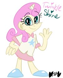 Size: 653x800 | Tagged: safe, artist:mirabuncupcakes15, character:twinkleshine, species:human, clothing, cute, female, flats, horn, horned humanization, humanized, miniskirt, pink skirt, shirt, shoes, simple background, skirt, solo, waving, white background