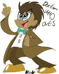 Size: 638x800 | Tagged: safe, artist:mirabuncupcakes15, character:doctor whooves, character:time turner, species:human, bow tie, clothing, coat, dark skin, humanized, jeans, male, open mouth, pants, shirt, shoes, simple background, solo, white background