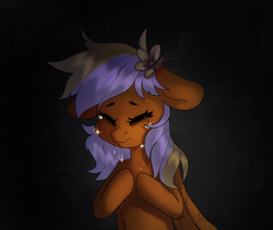 Size: 2000x1688 | Tagged: safe, artist:sugarstar, rcf community, oc, oc only, oc:sunshinenya, species:pegasus, species:pony, crying, eyes closed, female, floppy ears, flower, mare, sad, simple background, solo, wings