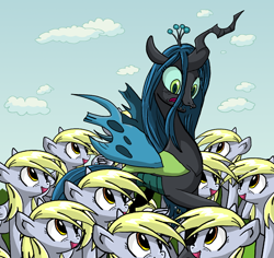 Size: 720x681 | Tagged: safe, artist:xkappax, character:derpy hooves, character:queen chrysalis, species:changeling, species:pegasus, species:pony, changeling queen, female, mare, unstoppable force of derp