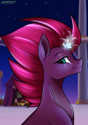 Size: 2894x4093 | Tagged: safe, artist:chickenbrony, character:fizzlepop berrytwist, character:tempest shadow, species:pony, species:unicorn, my little pony: the movie (2017), broken horn, bust, cute, electricity magic, eye scar, female, glowing horn, high res, horn, looking at you, looking back, looking back at you, mare, night, profile, scar, solo, sparking horn, tempestbetes