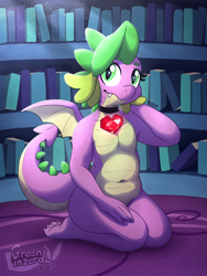 Size: 1200x1600 | Tagged: safe, artist:greenlinzerd, character:barb, character:spike, species:anthro, species:dragon, barbabetes, barefoot, book, choker, cute, cute little fangs, delicious flat chest, fangs, featureless chest, feet, female, fire ruby, gem, indoors, kneeling, library, looking at you, loss (meme), older, older spike, plump, pretty, ruby, rule 63, rule63betes, smiling, solo, twilight's castle, twilight's castle library, winged spike