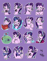 Size: 3202x4096 | Tagged: safe, artist:amy-gamy, character:starlight glimmer, species:pony, species:unicorn, angry, balaclava, bandana, blushing, book, bruh, bust, clothing, communism, communist manifesto, crying, embarrassed, expressions, eyes closed, female, glowing horn, grin, hat, hoof on chest, horn, kite, kite flying, laughing, looking at something, looking down, magic, magic aura, mug, nervous, nervous grin, nordic gamer, nurse hat, ok boomer, older, older starlight glimmer, open mouth, portrait, sheepish grin, signature, ski mask, smiling, solo, stalin glimmer, suit, telegram sticker