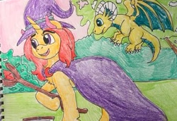 Size: 400x275 | Tagged: safe, artist:wolfspiritclan, oc, oc:redmoon, species:dragon, species:pony, species:unicorn, baby, baby dragon, book, cloak, clothing, dungeons and dragons, female, hat, mage, mare, pen and paper rpg, ponyfinder, rpg, spellbook, staff, tabletop gaming, traditional art, witch, wizard, wizard hat