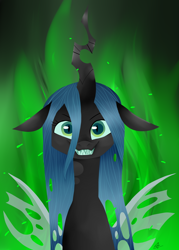 Size: 2500x3500 | Tagged: safe, alternate version, artist:katyusha, character:queen chrysalis, species:changeling, changeling queen, cute, cutealis, female, flame background, green background, simple background, wide smile