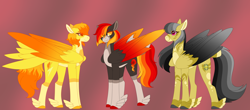 Size: 5368x2366 | Tagged: safe, alternate version, artist:clay-bae, character:daring do, character:spitfire, oc, oc:bonfire, parent:daring do, parent:spitfire, parents:daringfire, species:pegasus, species:pony, ship:daringfire, feathered fetlocks, magical lesbian spawn, offspring, shipping, tail feathers, two toned wings, wings