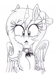 Size: 1262x1751 | Tagged: safe, artist:shinycyan, oc, oc only, oc:loliloop, species:pegasus, species:pony, chest fluff, collar, cute, fake horn, female, fluffy, grayscale, mare, monochrome, pegasus oc, solo, surprised, unshorn fetlocks, wings