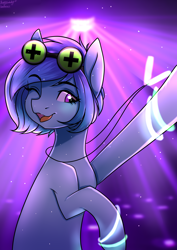 Size: 2894x4093 | Tagged: safe, artist:chickenbrony, oc, oc:raven mcchippy, species:earth pony, species:pony, female, goggles, rave, solo