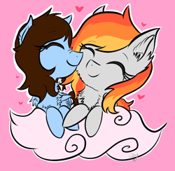 Size: 1450x1414 | Tagged: safe, artist:shinycyan, oc, oc:shinycyan, oc:tridashie, species:pegasus, species:pony, episode:hearts and hooves day, g4, my little pony: friendship is magic, adorable face, chest fluff, chibi, cloud, couple, cute, digital art, fluffy, heart, kiss on the cheek, kissing, love, nuzzling, shipping