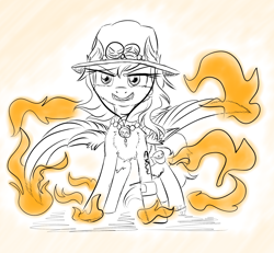 Size: 2000x1849 | Tagged: safe, artist:shinycyan, oc, oc:shinycyan, species:pegasus, species:pony, clothing, confident, cosplay, costume, crossplay, digital art, fire, food, hat, one piece, orange, pirate, portgas d ace, smiley face, solo, tattoo