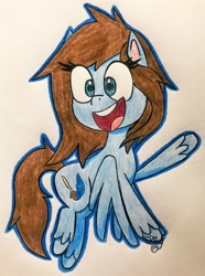 Size: 1524x2048 | Tagged: safe, artist:shinycyan, oc, oc:shinycyan, species:pegasus, species:pony, my little pony:pony life, blue pony, chibi, colored, drawing, flying, happy, hooves up, smiling, solo, traditional art