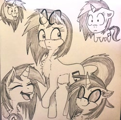 Size: 2048x2036 | Tagged: safe, artist:shinycyan, character:dj pon-3, character:vinyl scratch, species:pony, species:unicorn, bleh, doodle, female, glasses, mare, monochrome, solo, surprised, tongue out, traditional art, wub, yay, yeah