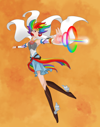 Size: 3000x3800 | Tagged: safe, artist:joan-grace, character:rainbow dash, species:human, armpits, clothing, element of loyalty, female, flying, humanized, jewelry, necklace, solo, tiara