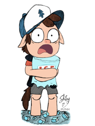 Size: 900x1200 | Tagged: safe, artist:flynnmlp, artist:shinycyan, species:pony, baseball cap, bipedal, cap, clothing, colored, dipper pines, gravity falls, hat, ice cubes, male, ponified, signature, simple background, solo, transparent background